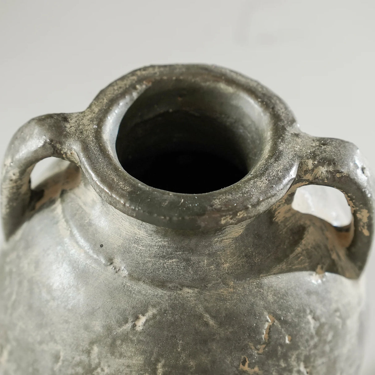 Antiqued Distressed Small Olive Cement Vase with Handles