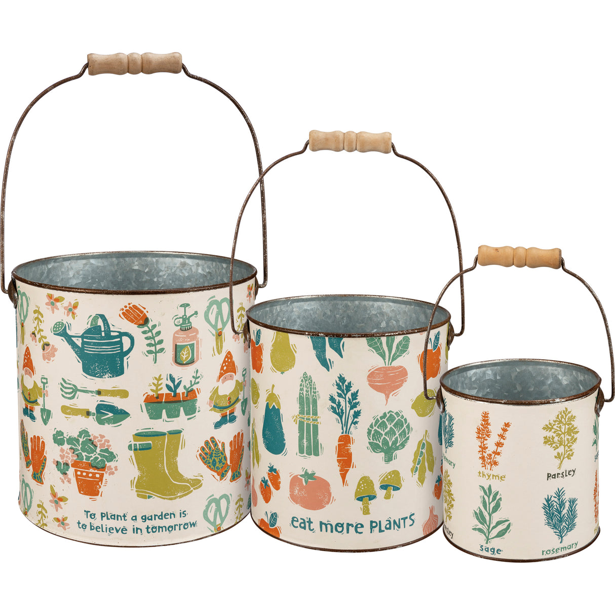Garden Print Metal Buckets with Wooden Handles