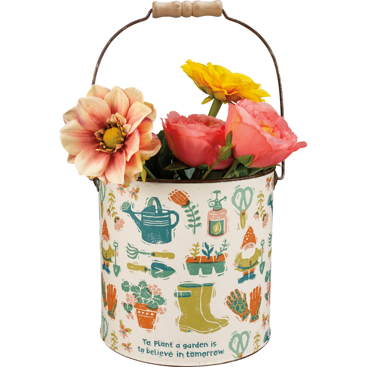 Garden Print Metal Buckets with Wooden Handles