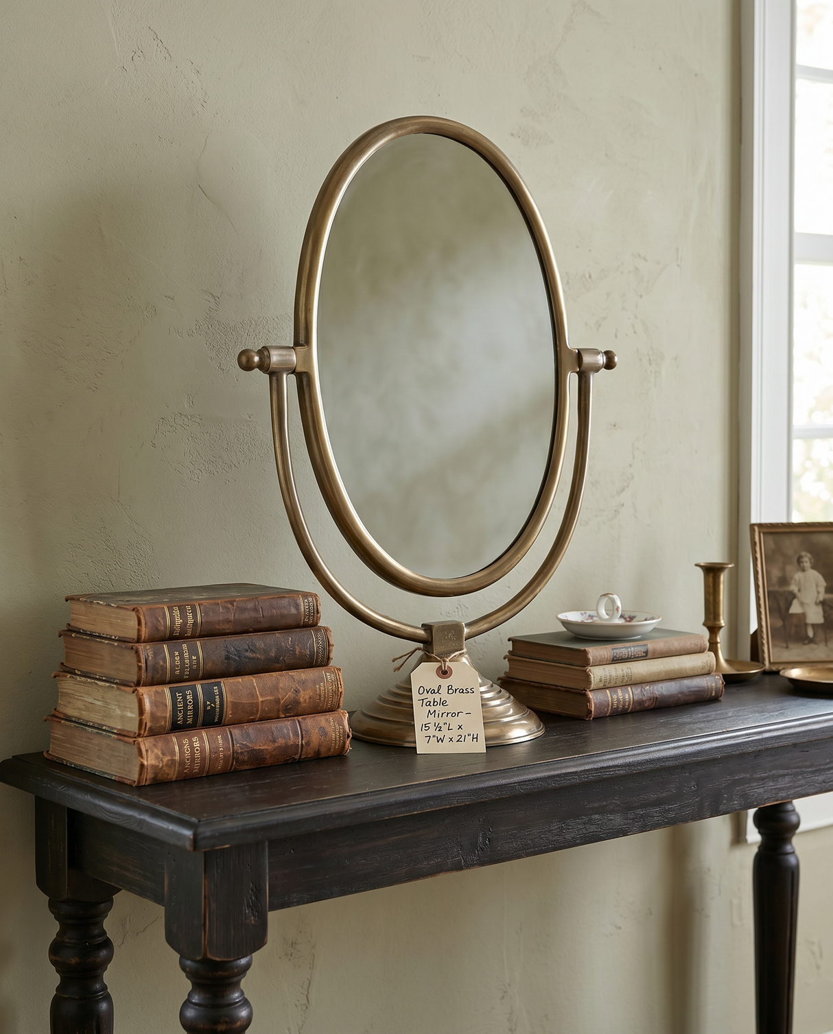 Antique Brass Aluminum Oval Vanity Mirror with Stand