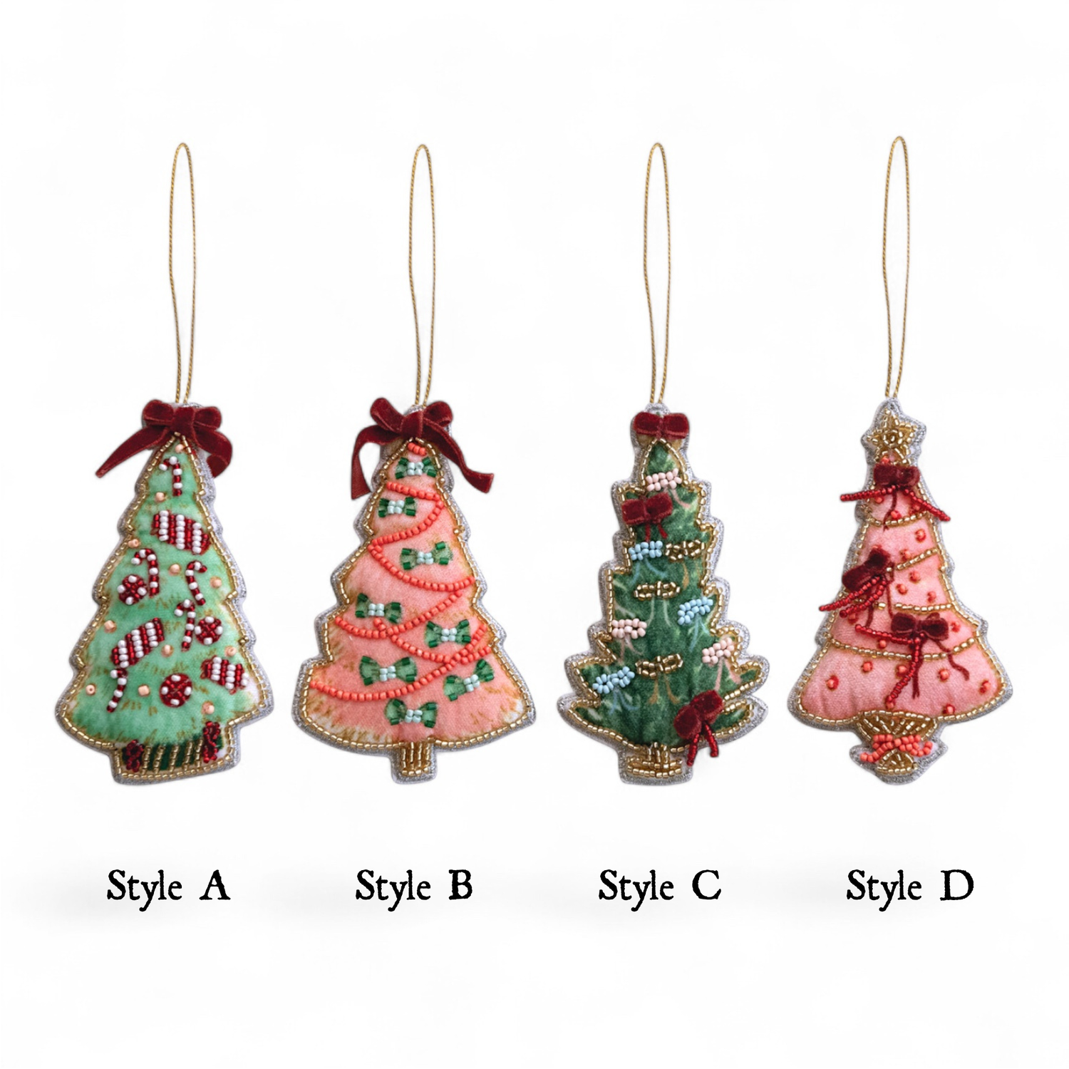 Handmade Beaded Christmas Tree Ornament with Velvet Bow