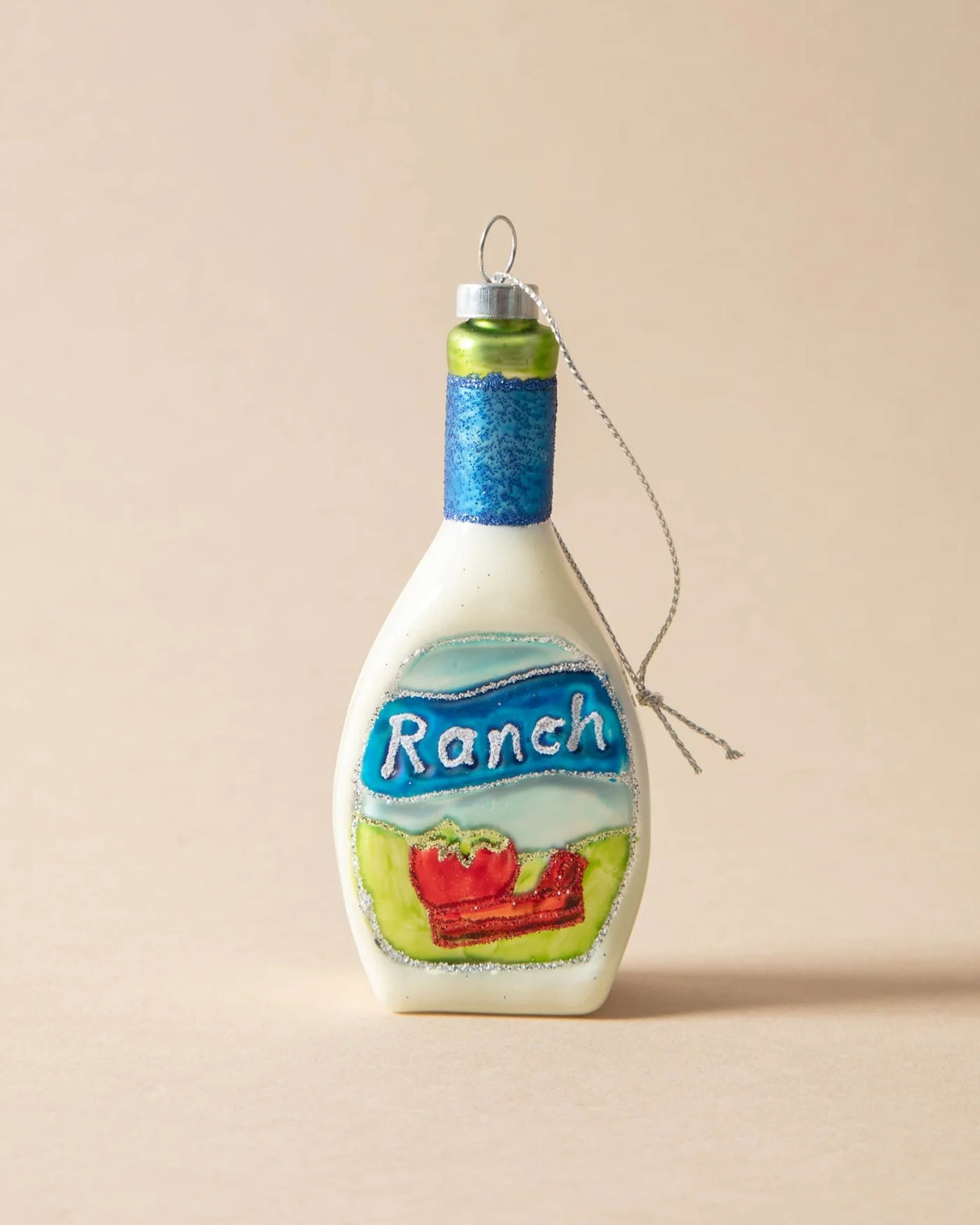 Hand-Painted Glass Ranch Dressing Bottle Ornament with Glitter