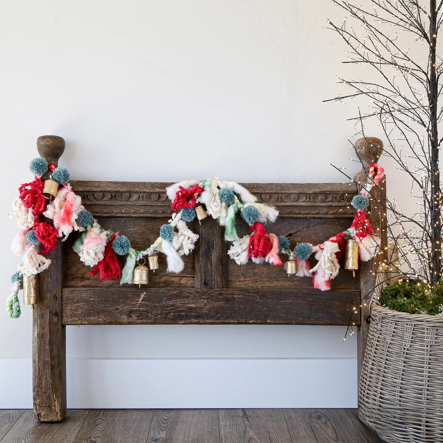 Handmade Wool & Cotton Garland with Pom Poms & Bells
