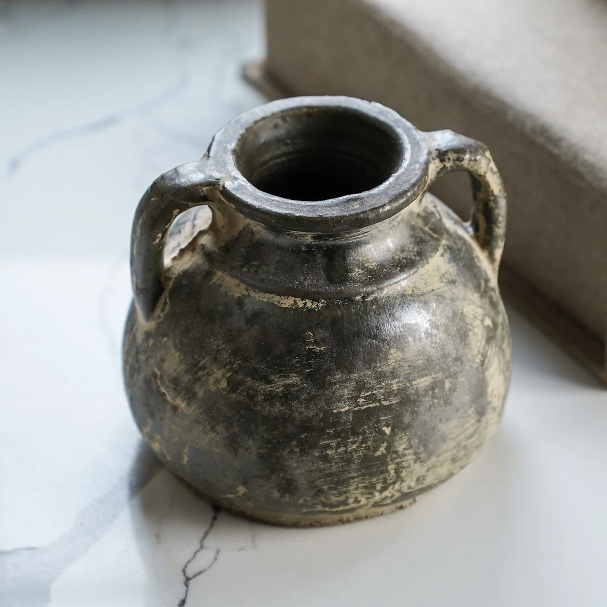 Antiqued Distressed Small Olive Cement Vase with Handles