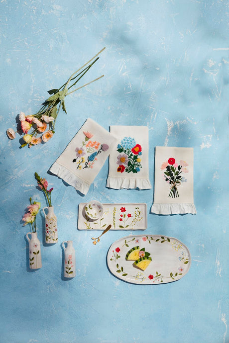 Hand-Painted Flower Oval Stoneware Serving Platter