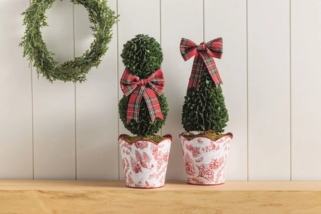 Small Red Toile Snowman Boxwood Potted Topiary