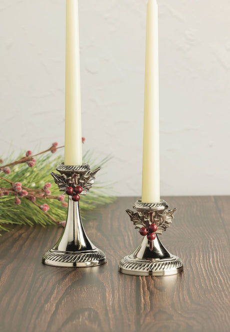 Holly Leaf & Berry Metal Candlesticks | 2 Sizes