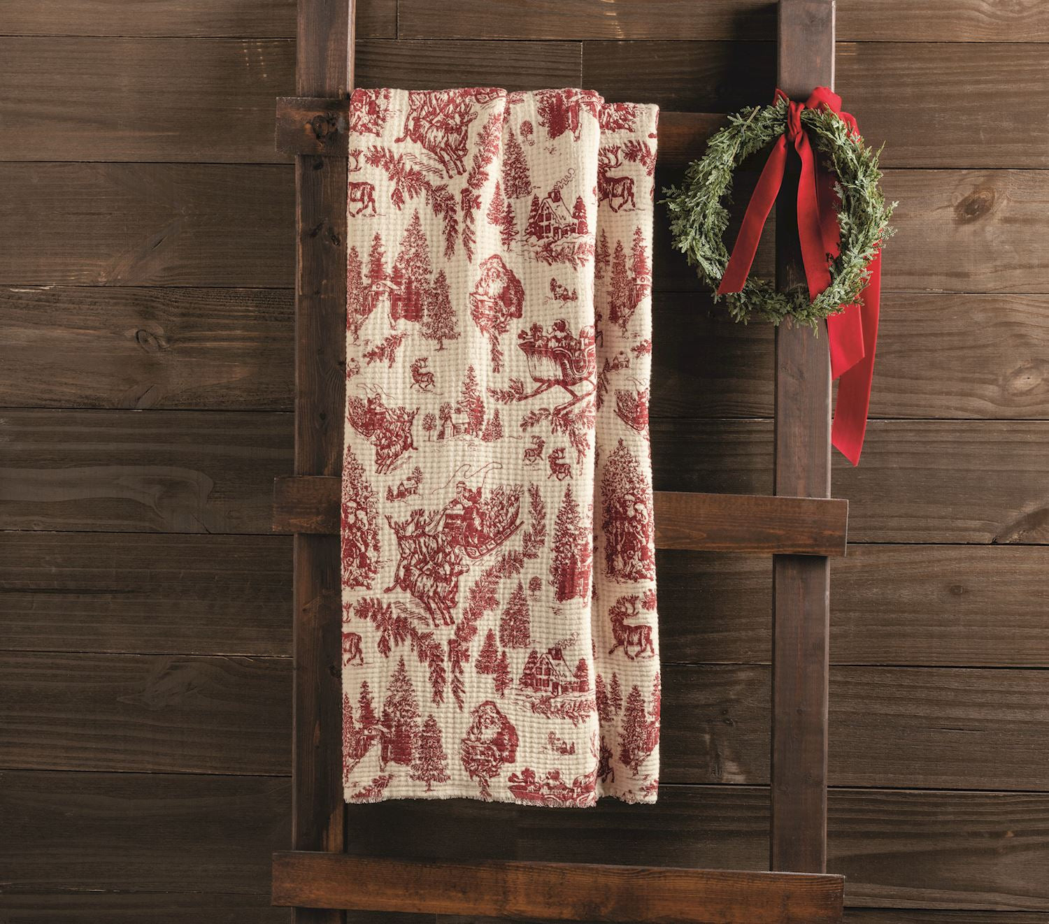 Red Toile Christmas Muslin Throw Blanket