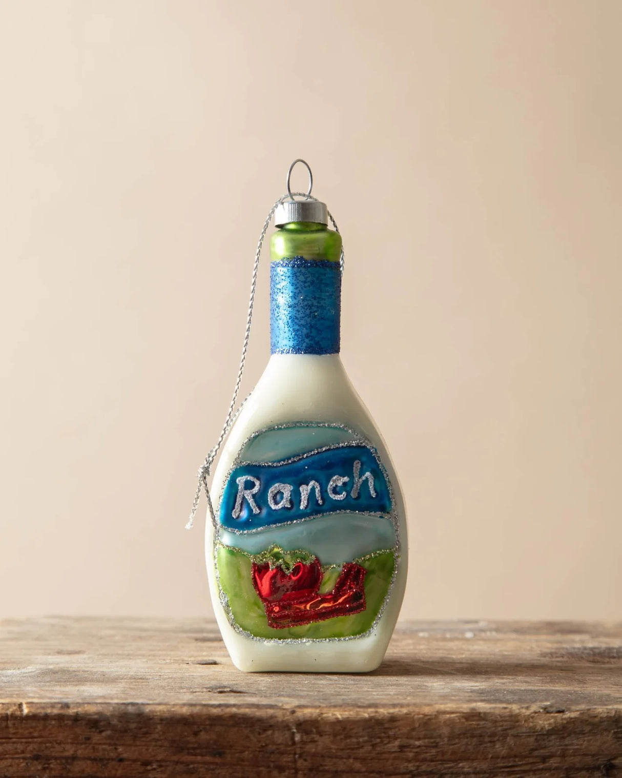 Hand-Painted Glass Ranch Dressing Bottle Ornament with Glitter