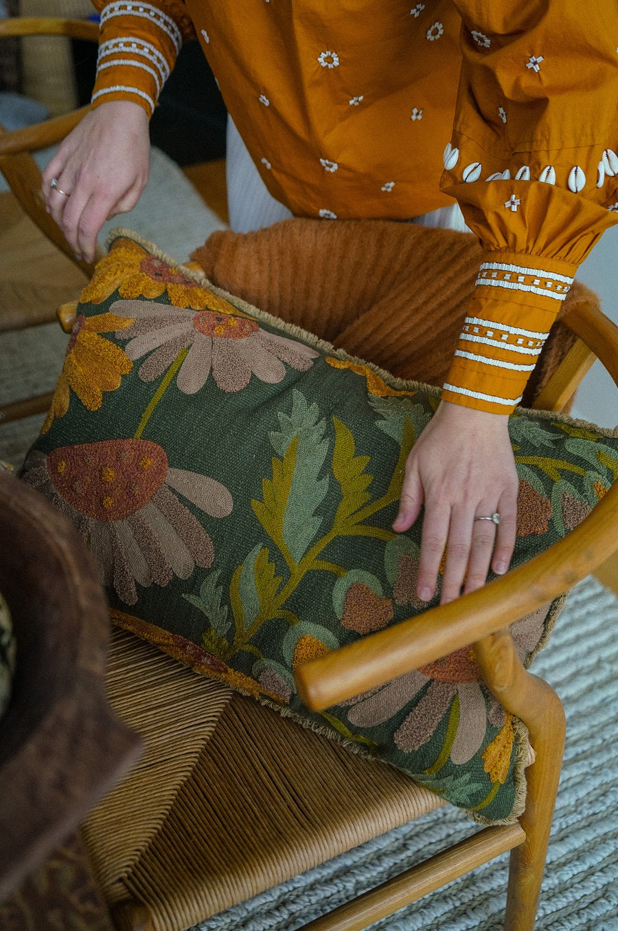 Embroidered Autumn Floral Cotton Slub Pillow with Fringe