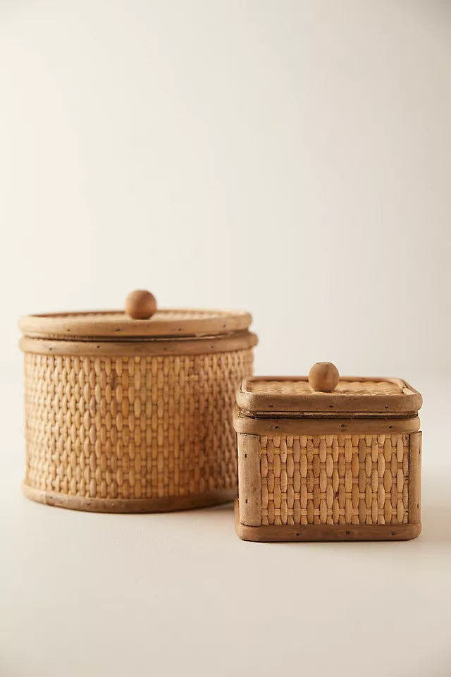 Round and Square Rattan Woven Cane Storage Boxes
