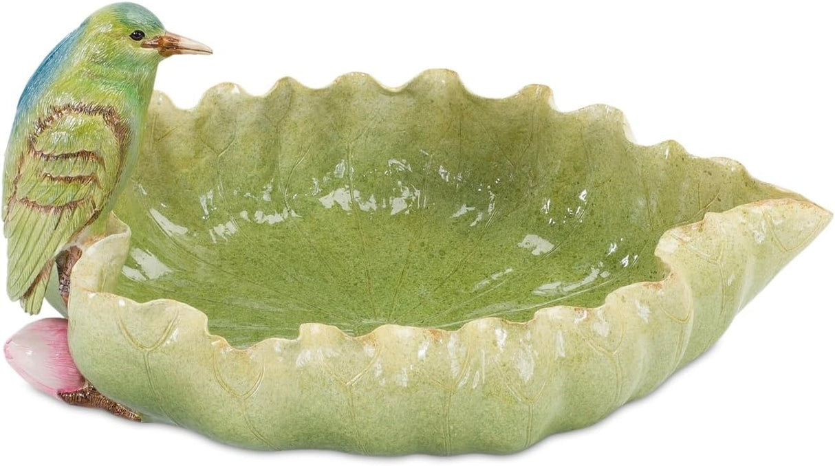 Decorative Resin Leaf Shaped Green Bowl with Heron Bird