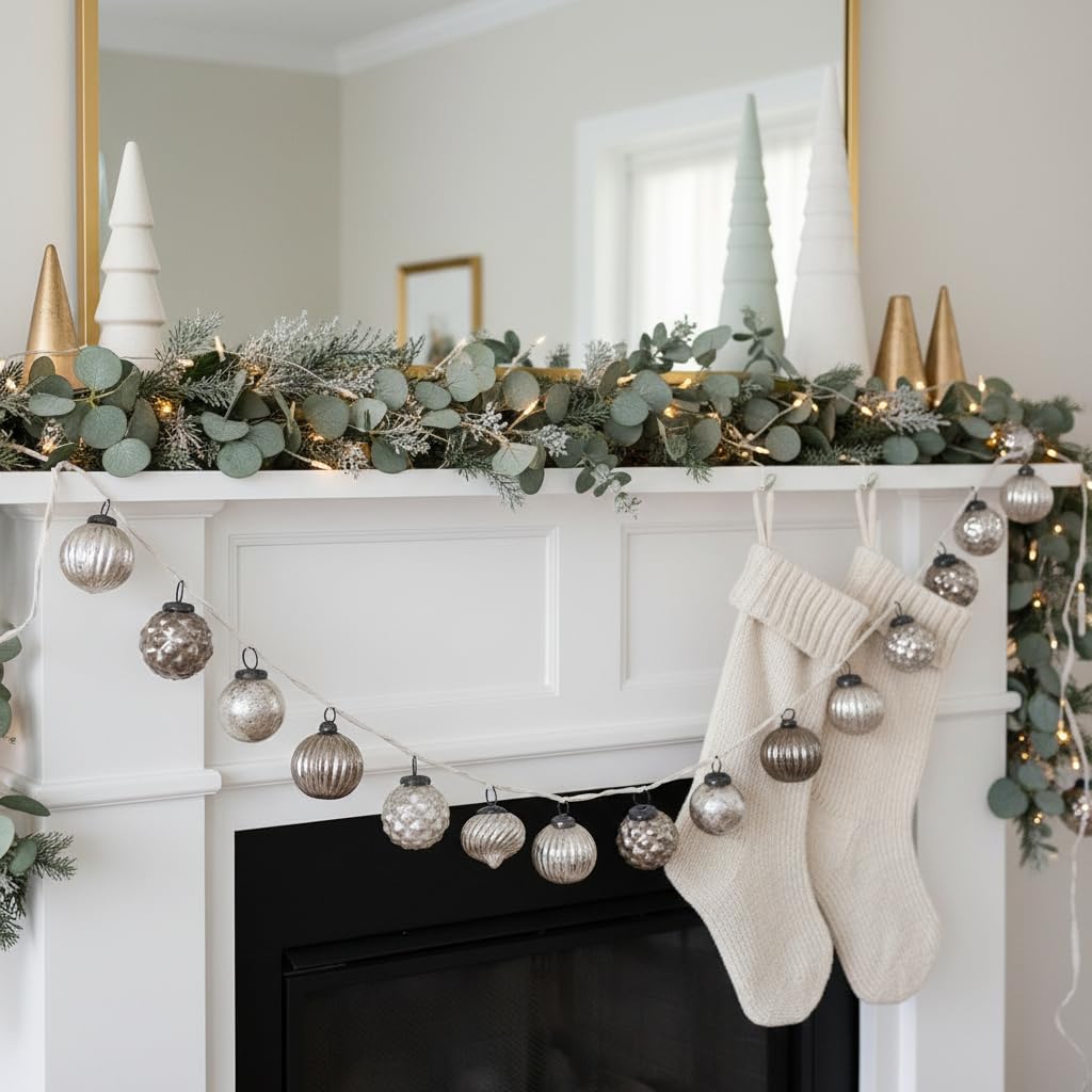Cream Mercury Glass Ornament Garland with Velvet Ribbon