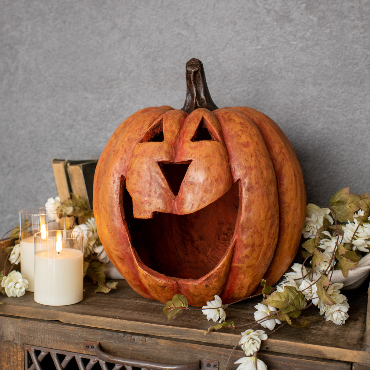 Orange Big Mouth Jack O'Lantern Resin Mache Pumpkins | 3 Sizes