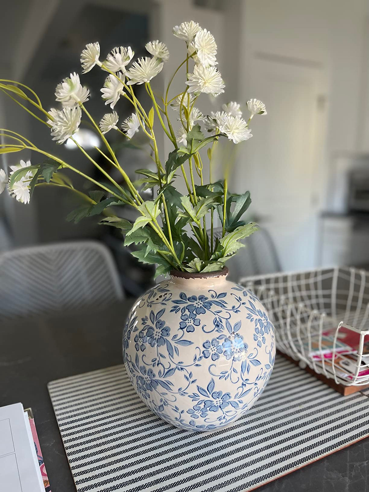 Blue Chinoiserie Distressed Floral Terracotta Vase