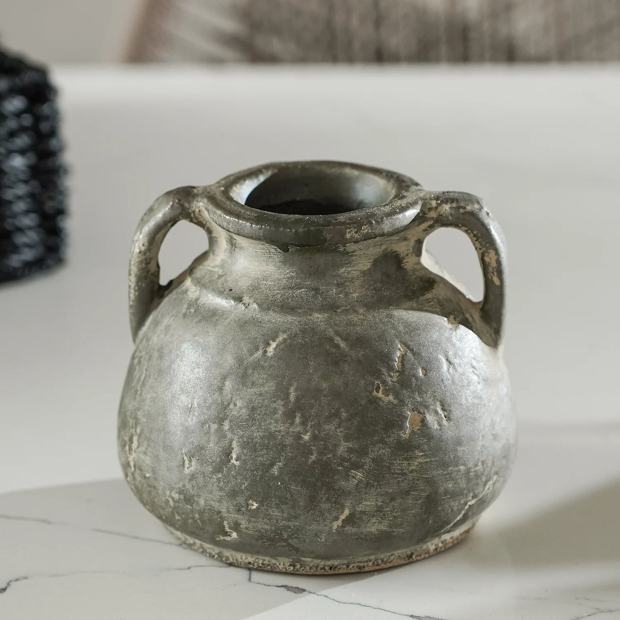 Antiqued Distressed Small Olive Cement Vase with Handles