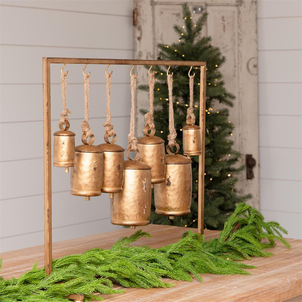Distressed Gold Bells on Fireplace Metal Stand | 7 Bells