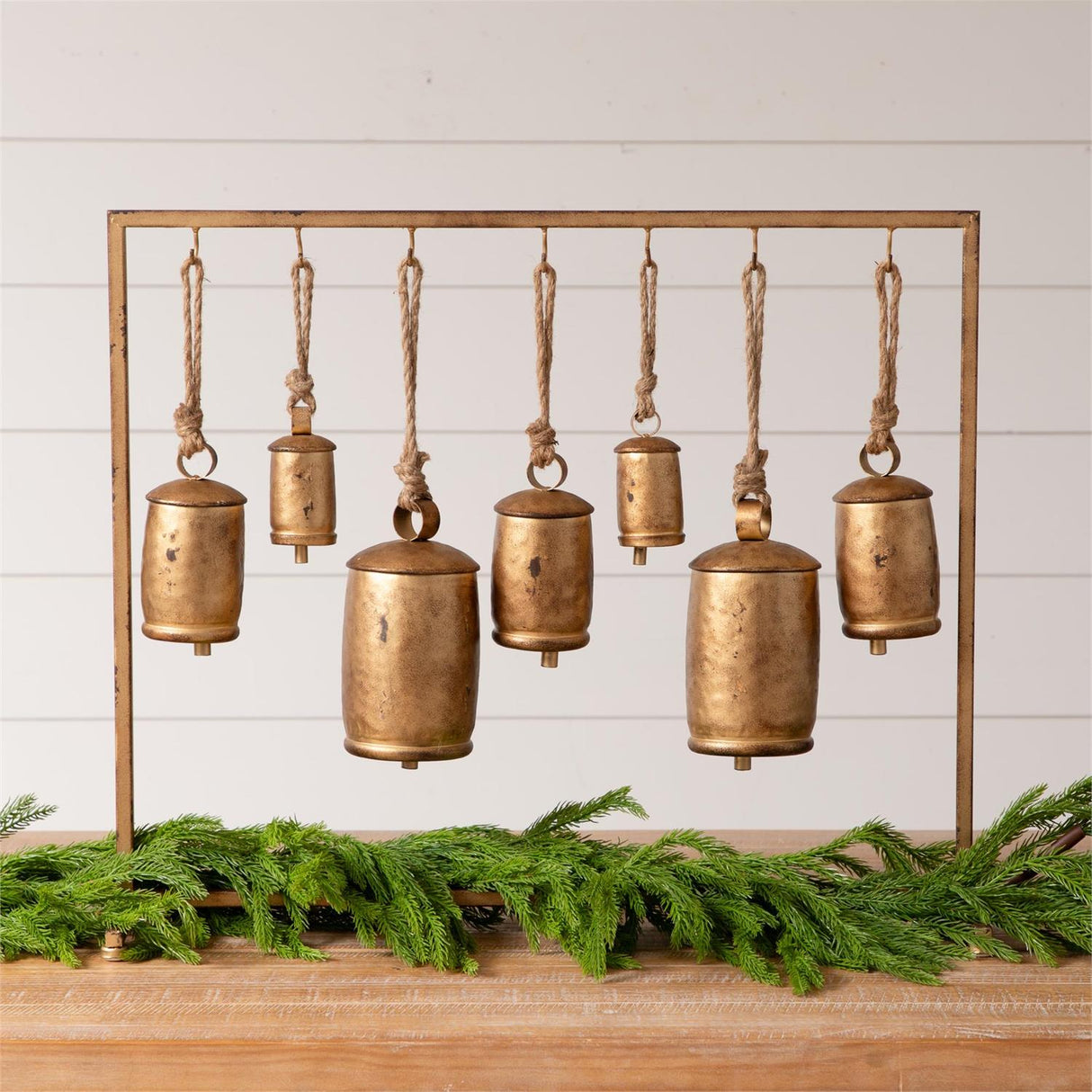 Distressed Gold Bells on Fireplace Metal Stand | 7 Bells