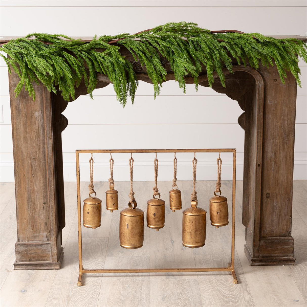 Distressed Gold Bells on Fireplace Metal Stand | 7 Bells