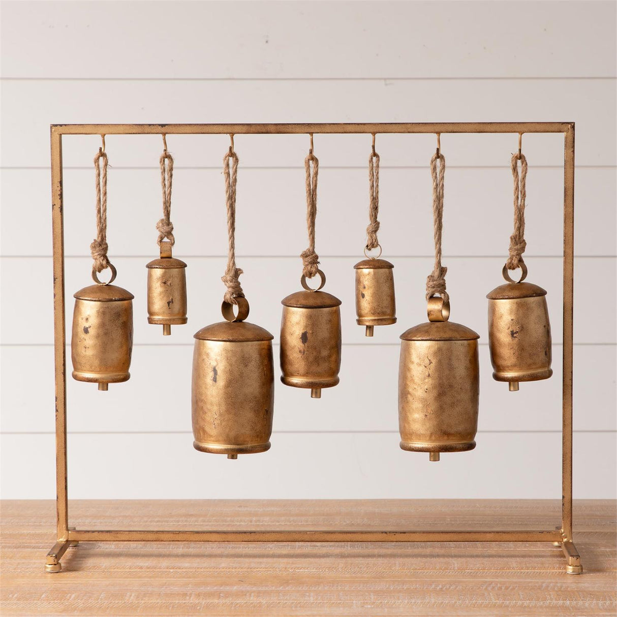 Distressed Gold Bells on Fireplace Metal Stand | 7 Bells