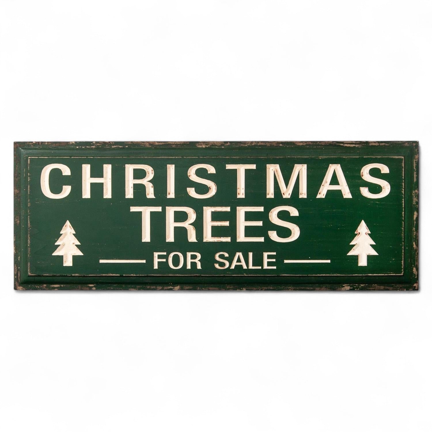 Green Carved Wood Christmas Trees for Sale Sign