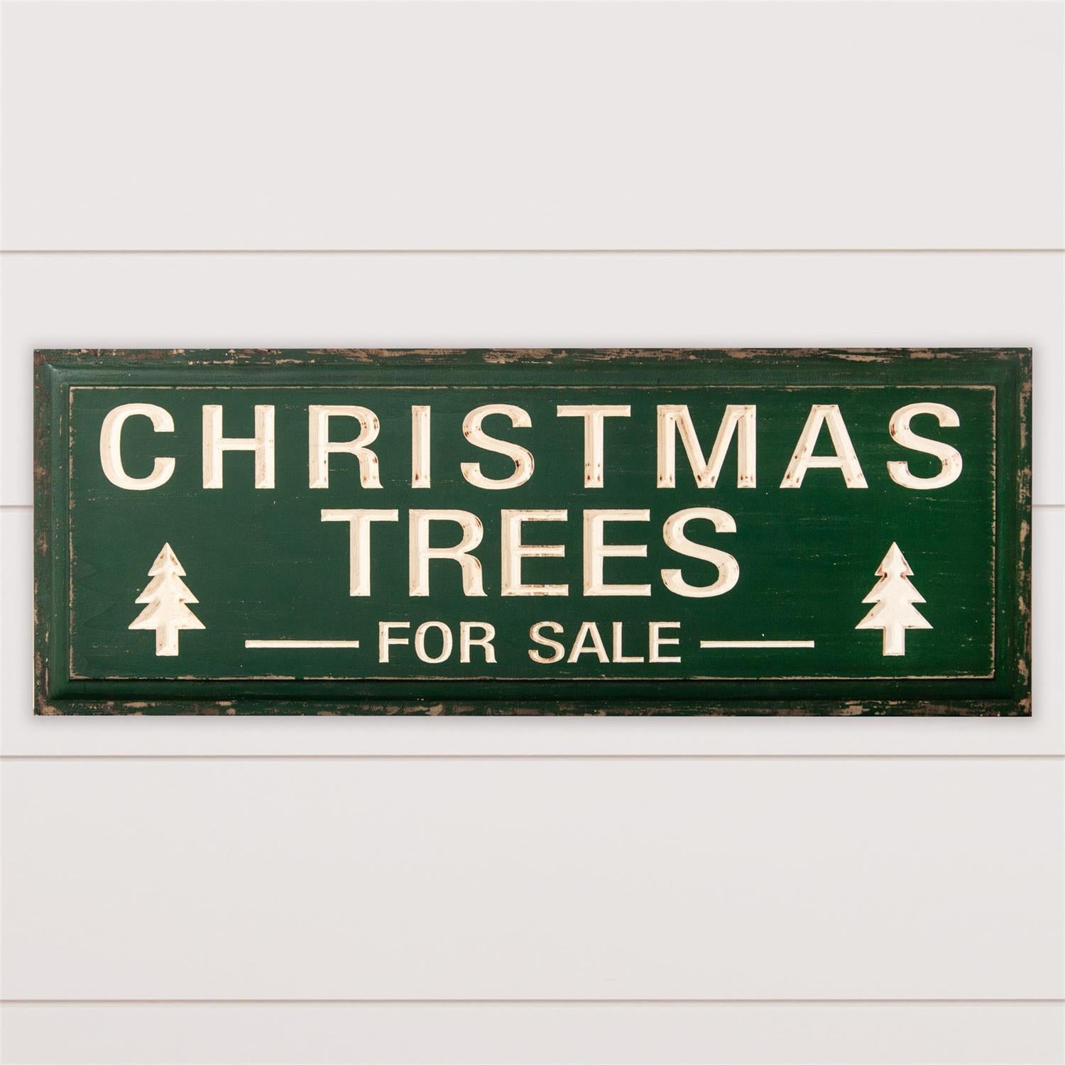 Green Carved Wood Christmas Trees for Sale Sign
