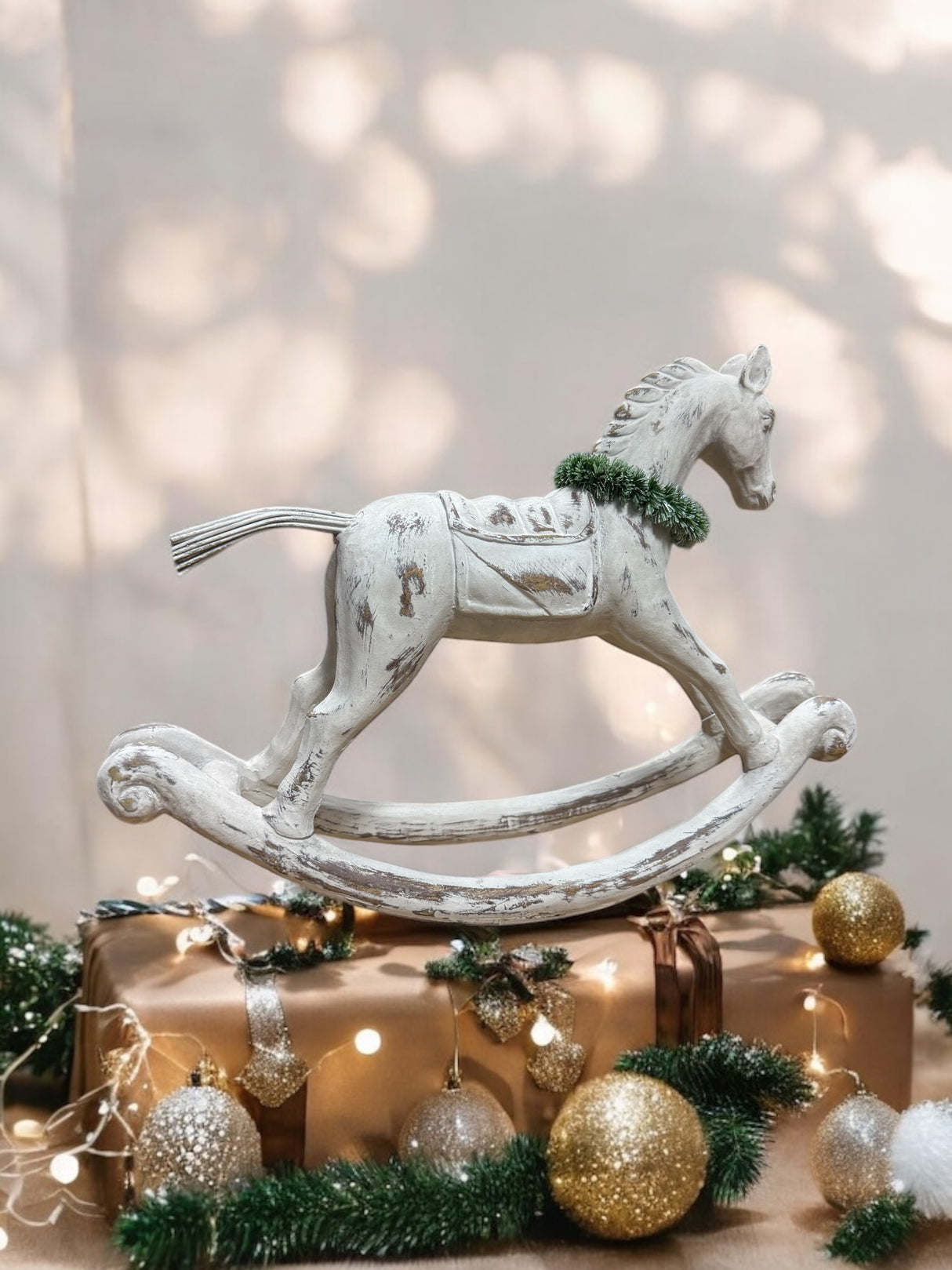 Distressed White Rocking Horse with Wreath | Small Tabletop Horse