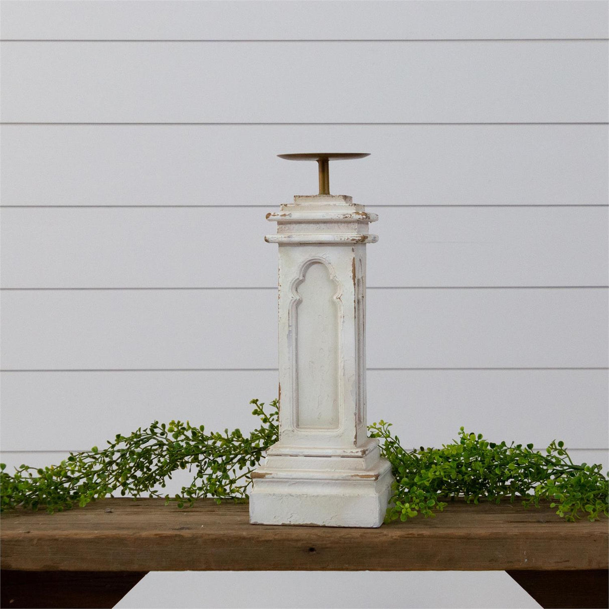 Distressed White Wooden Pillar Candle Holder | 2 Sizes