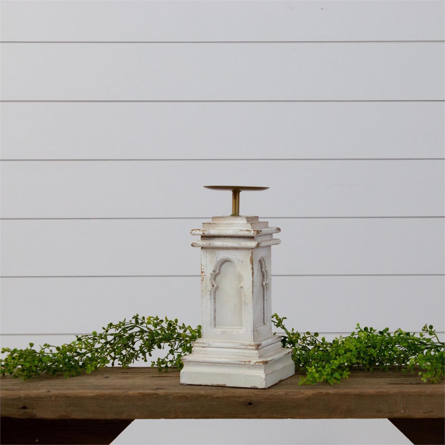 Distressed White Wooden Pillar Candle Holder | 2 Sizes