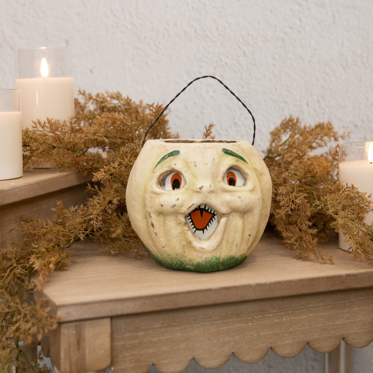 Vintage-Inspired White Resin Mache Jack-O-Lantern Choir Boy Candy Bucket