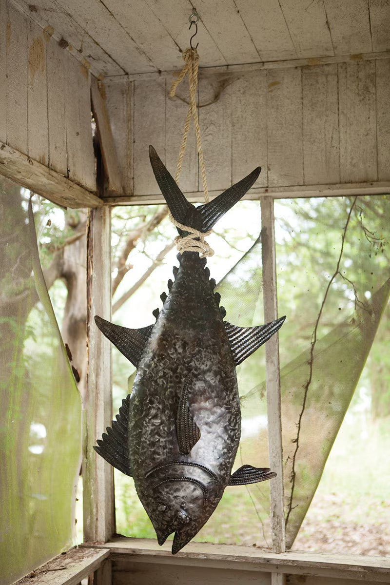 Recycled Metal Hanging Tuna Wall Sculpture with Sisal Rope