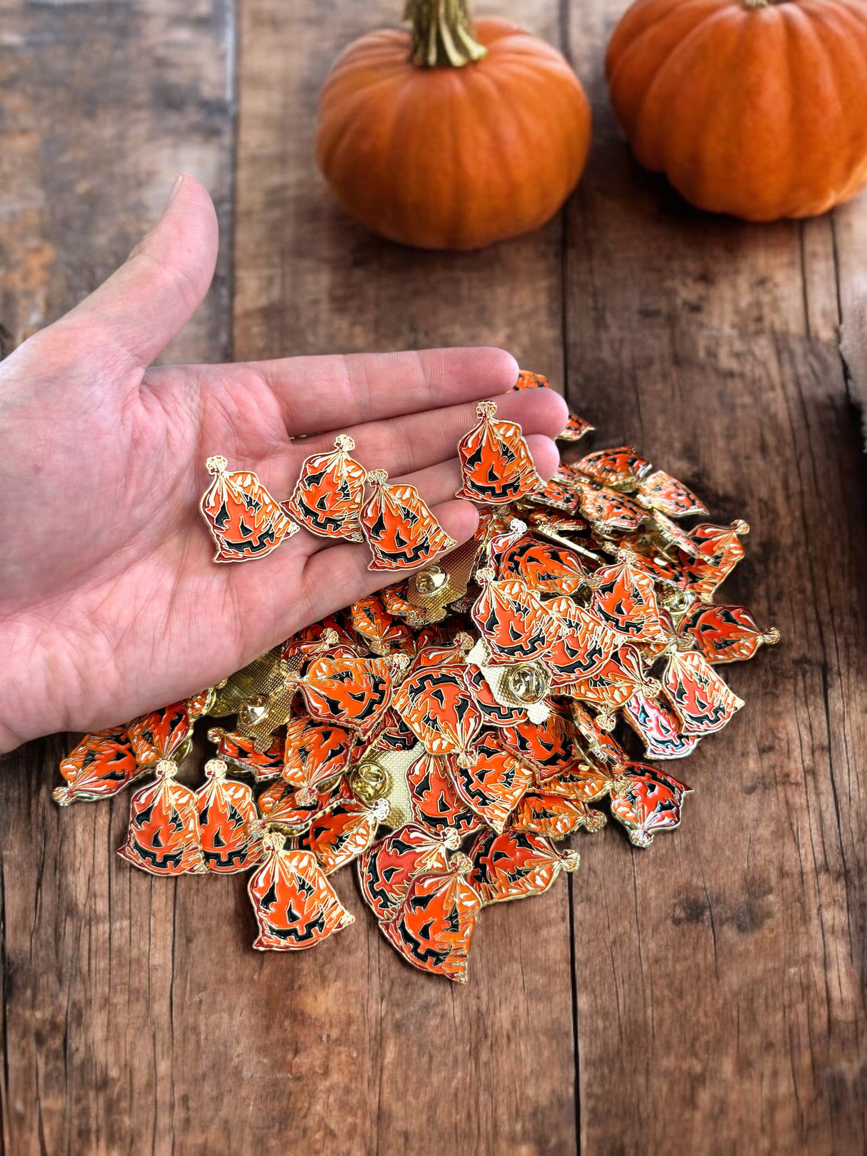 Pumpkin lead bag enamel pin