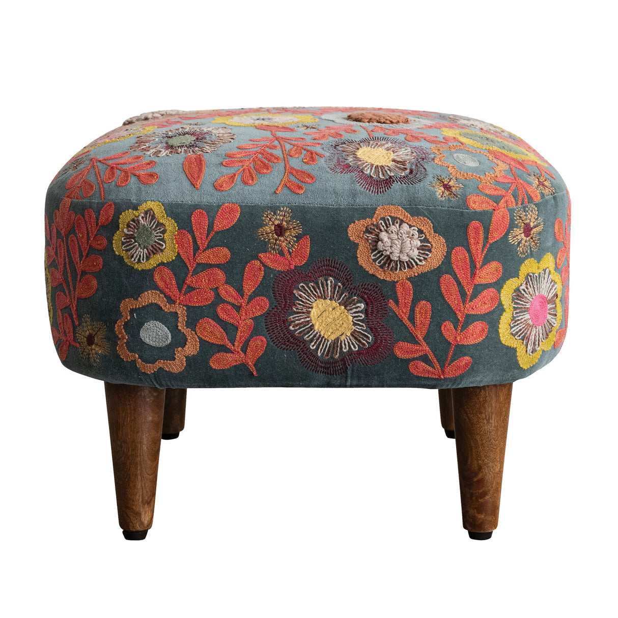 Embroidered Floral Velvet Stool