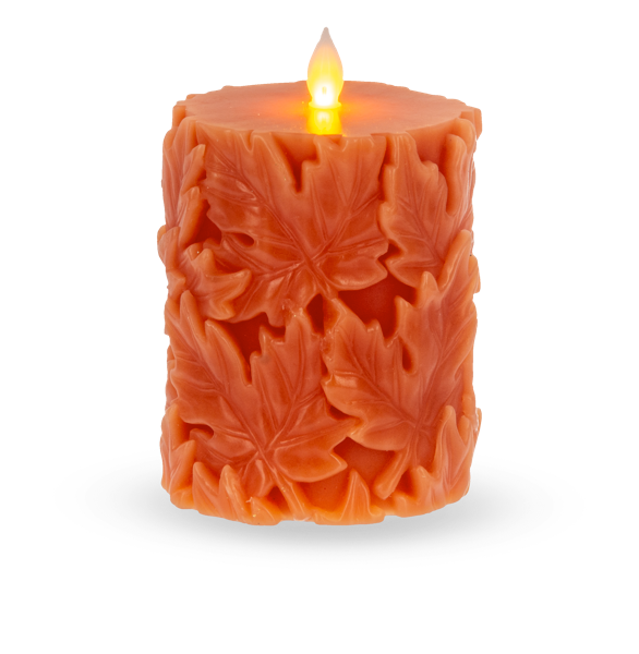 Orange Engraved Leaf LED Flameless Pillar Candle | 2 Sizes