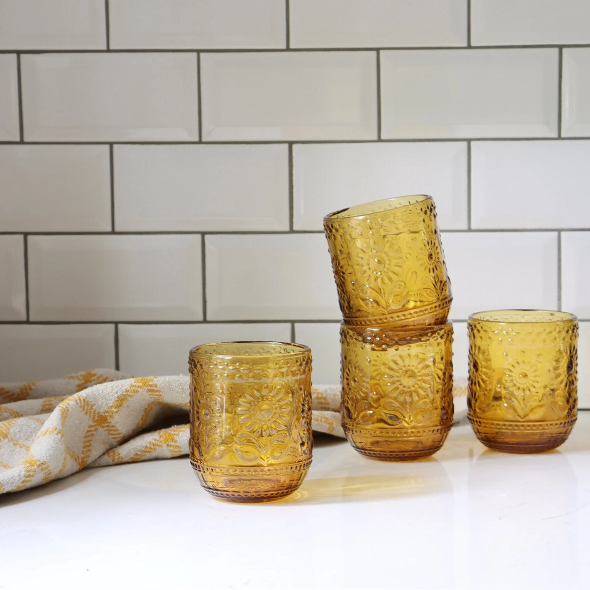 Yellow Amber Embossed Drinking Glasses