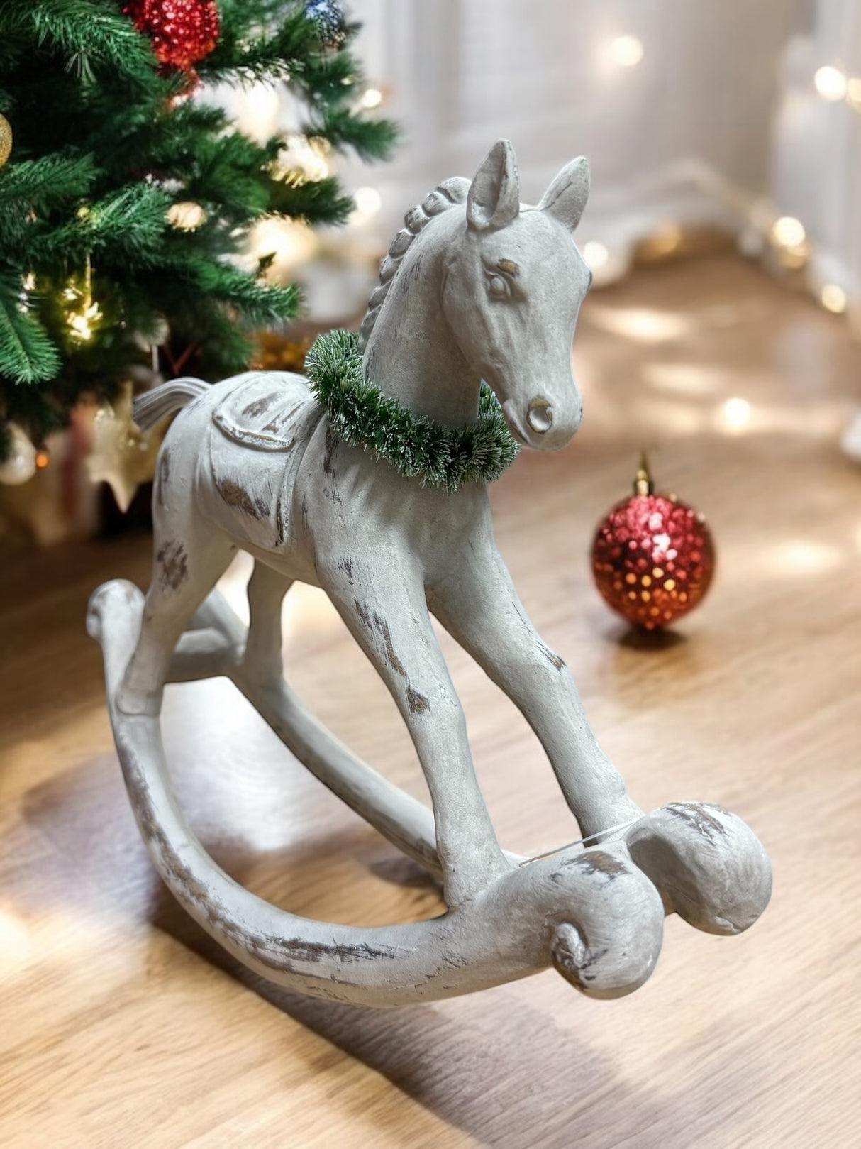 Distressed White Rocking Horse with Wreath | Small Tabletop Horse