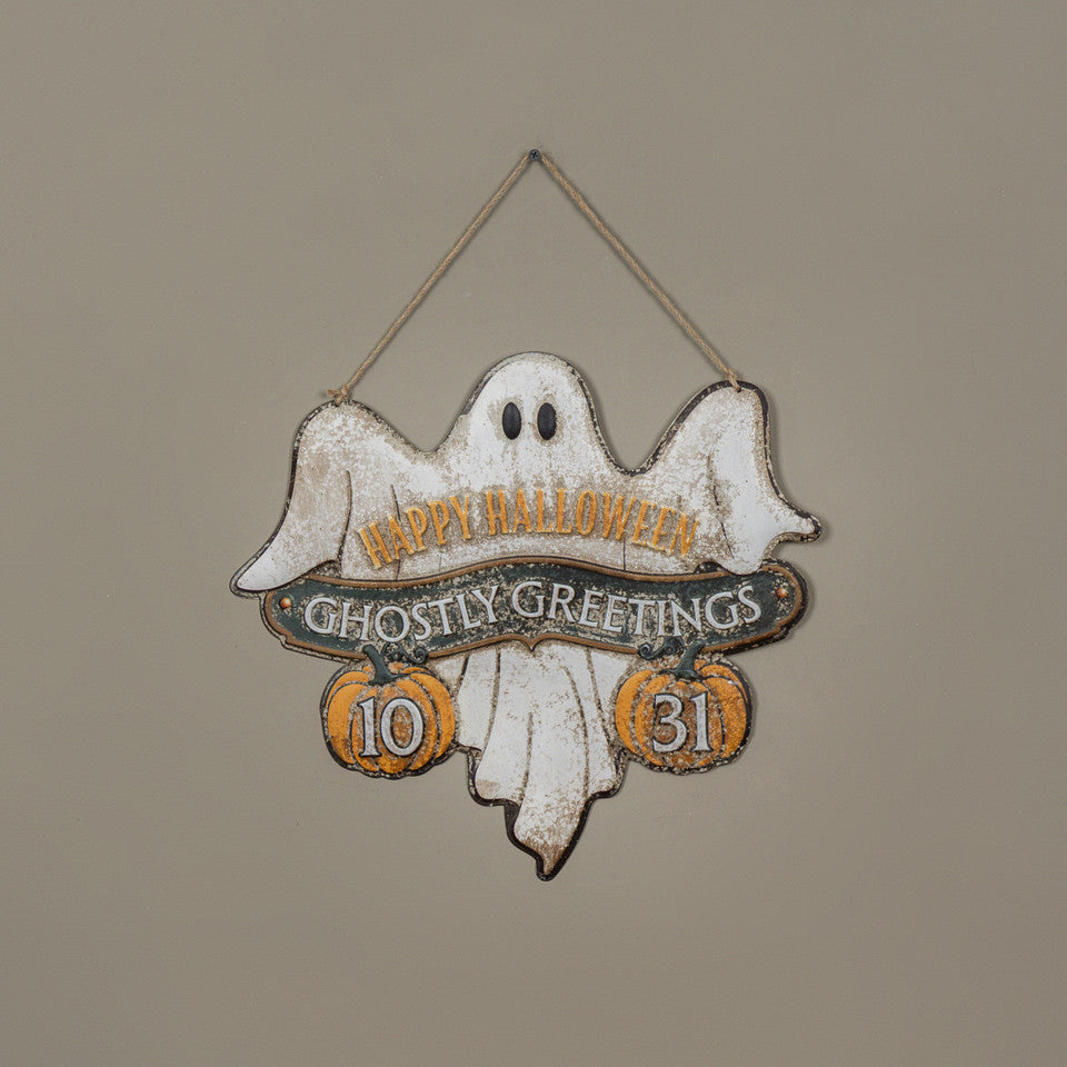 Ghostly Greetings Hanging Metal Halloween Sign