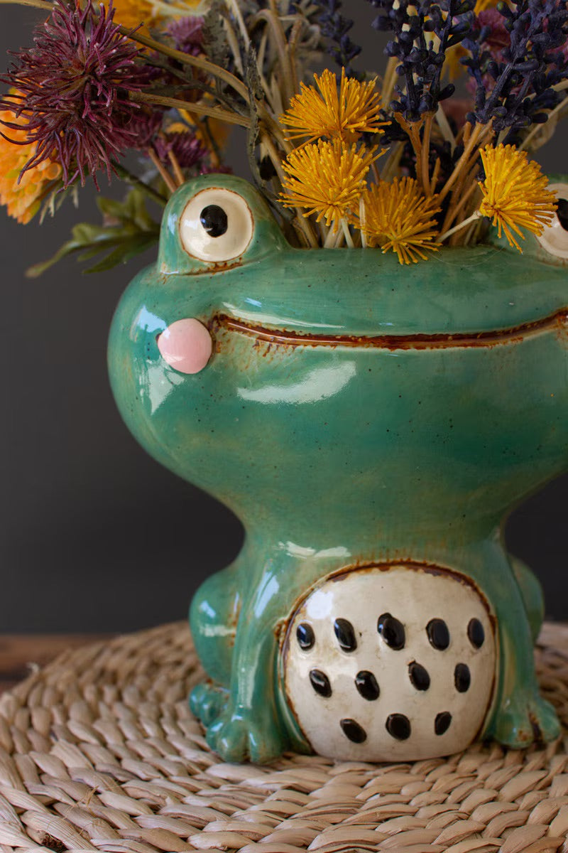 Ceramic Smiling Face Green Frog Planter