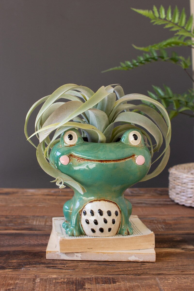 Ceramic Smiling Face Green Frog Planter