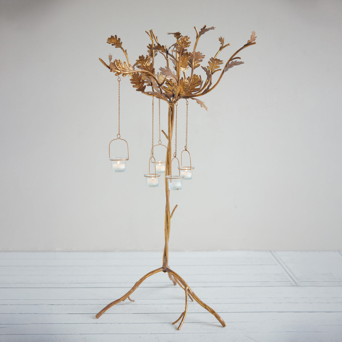 Gold Oak Leaf Candelabra with Hanging Tealight Holders