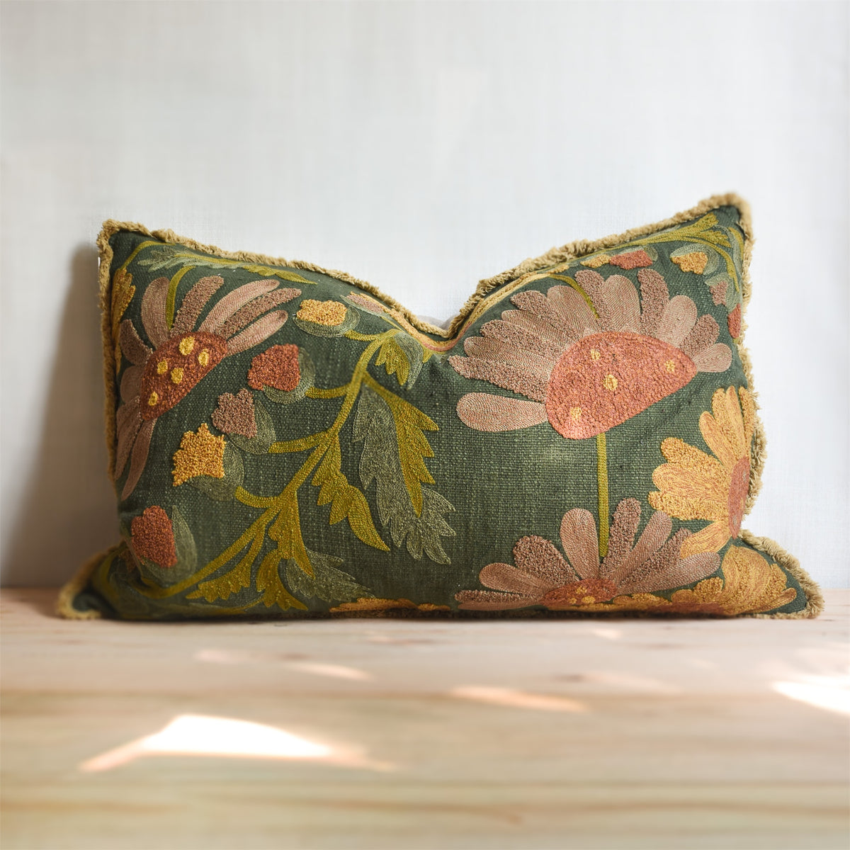 Embroidered Autumn Floral Cotton Slub Pillow with Fringe