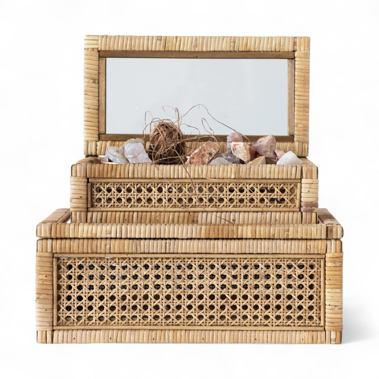 Woven Rattan Wood Display Boxes with Glass Lid | 2 Sizes