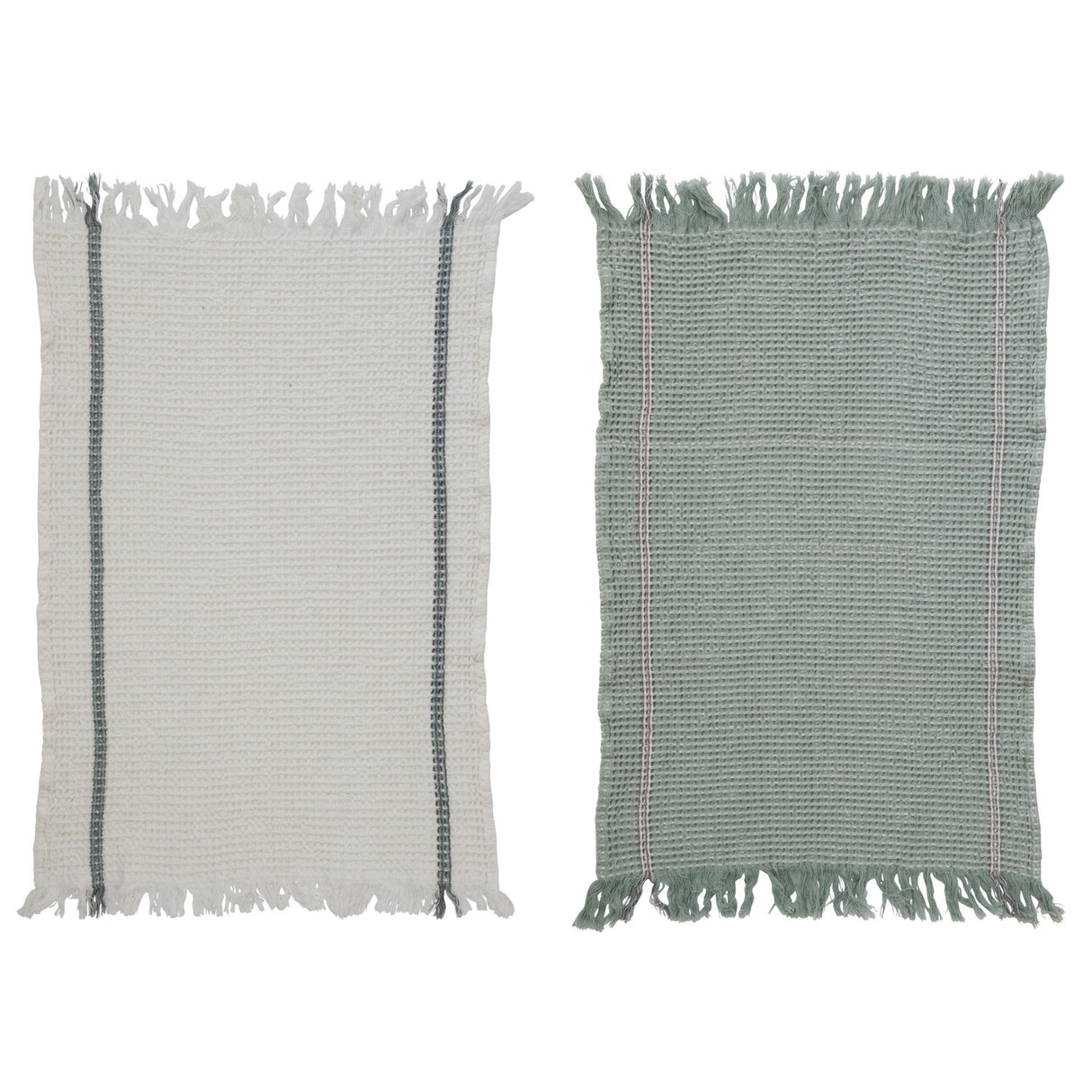 Ivory & Sage Cotton Waffle Weave Tea Towel with Fringe
