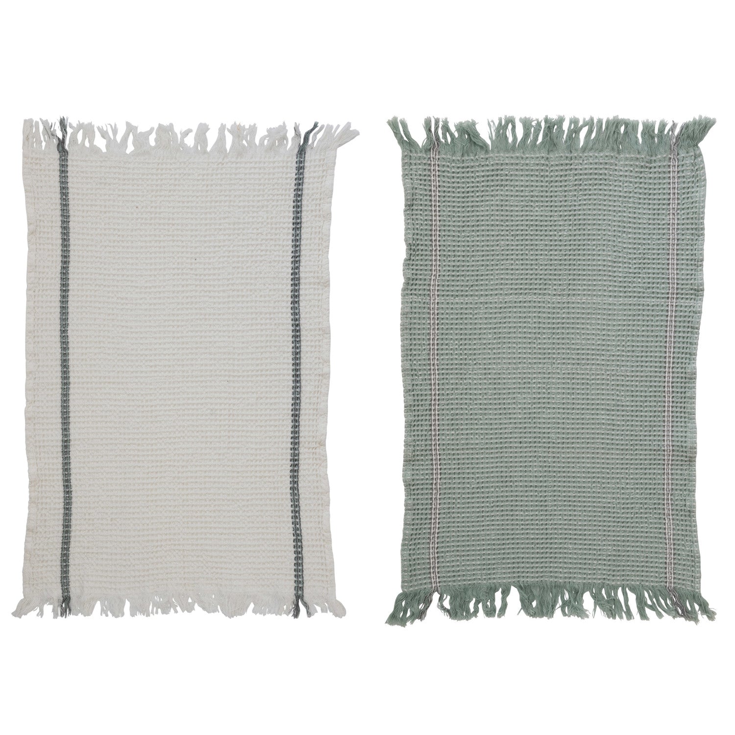 Ivory & Sage Cotton Waffle Weave Tea Towel with Fringe