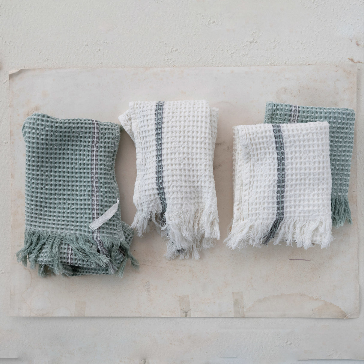 Ivory & Sage Cotton Waffle Weave Tea Towel with Fringe