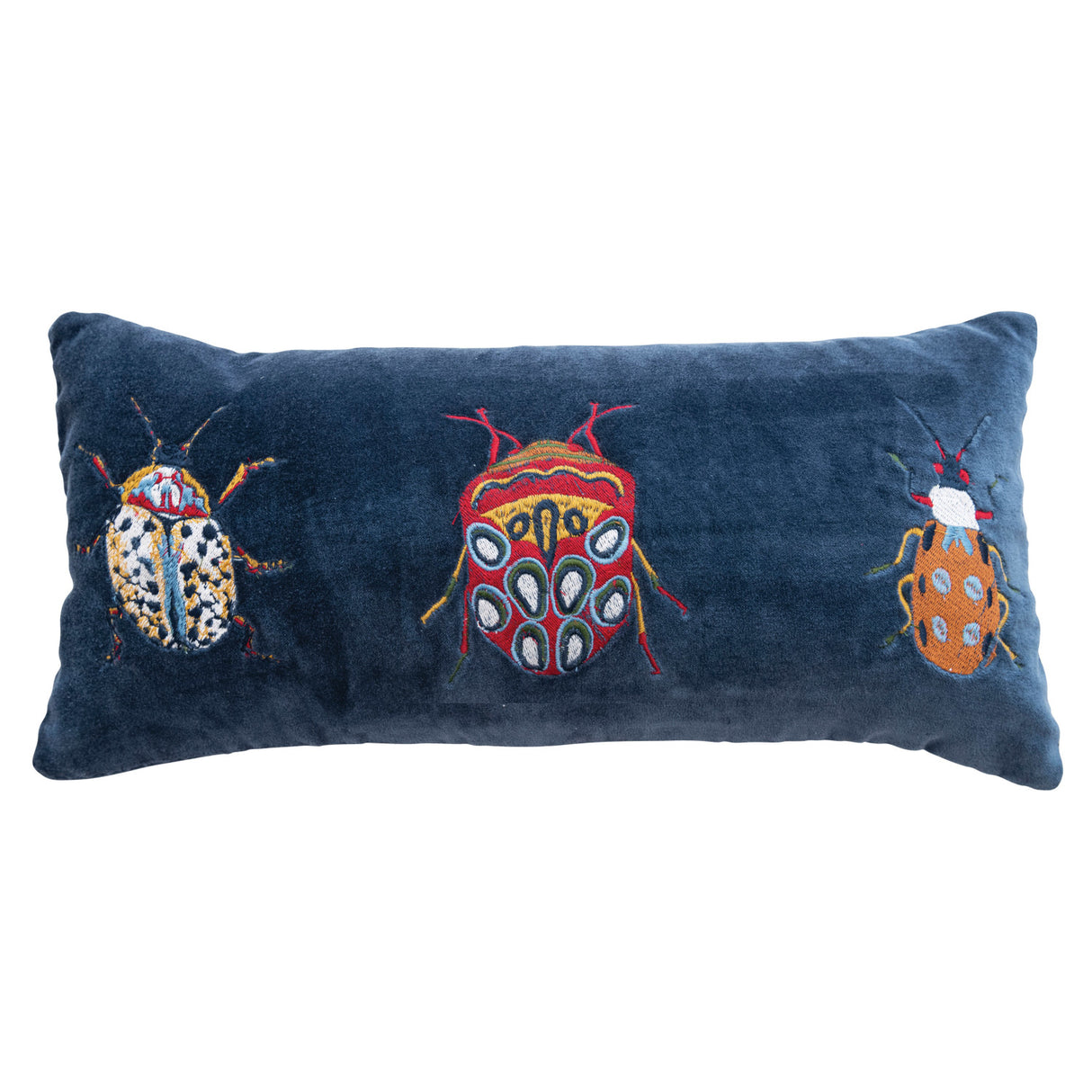 Beetle Pattern Blue Cotton & Velvet Embroidered Lumbar Pillow