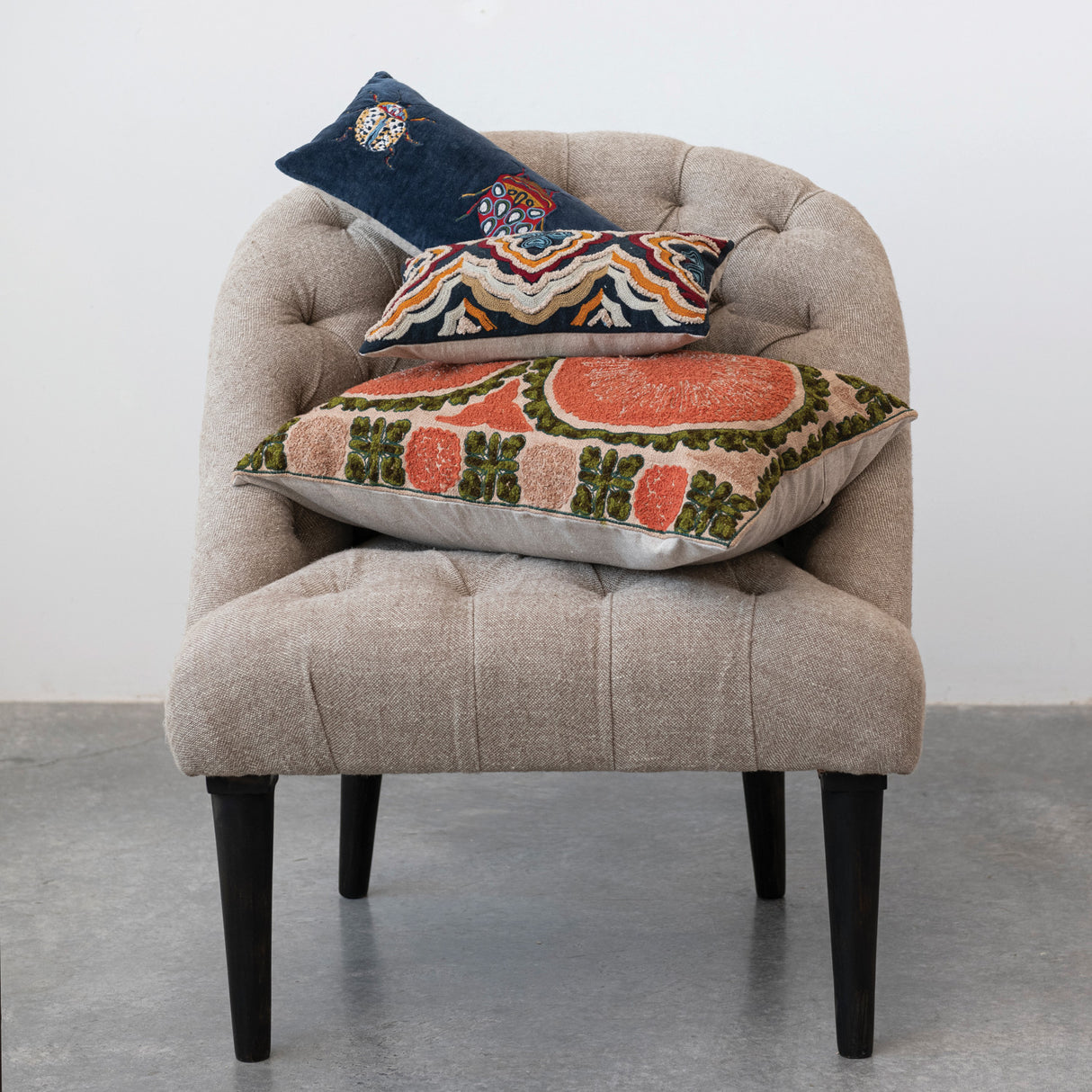 Beetle Pattern Blue Cotton & Velvet Embroidered Lumbar Pillow