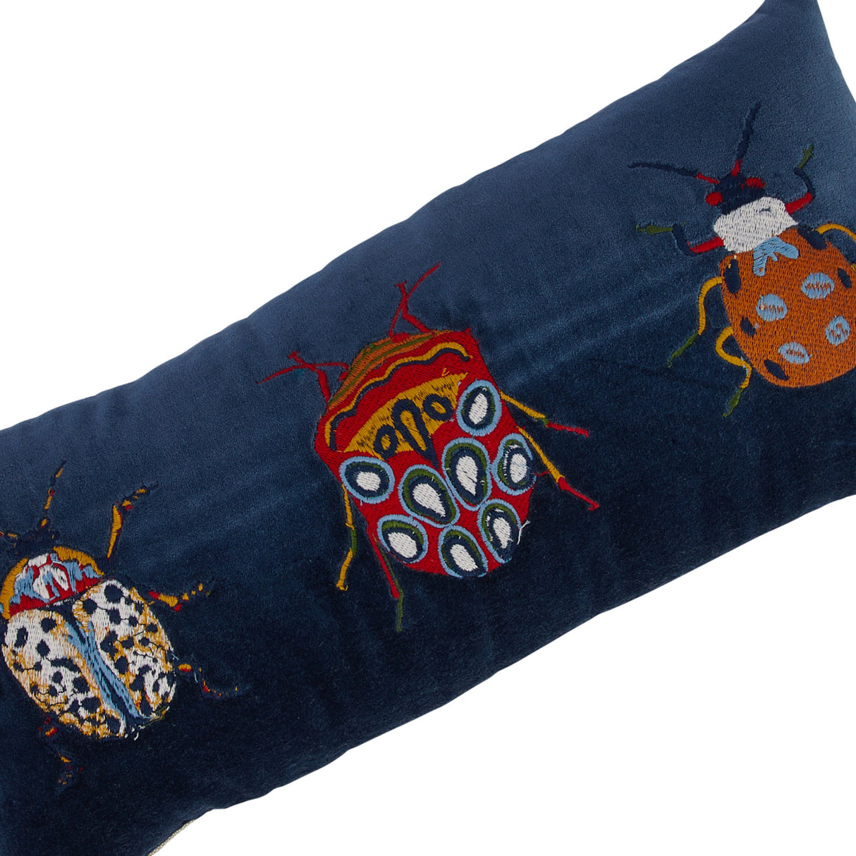 Beetle Pattern Blue Cotton & Velvet Embroidered Lumbar Pillow