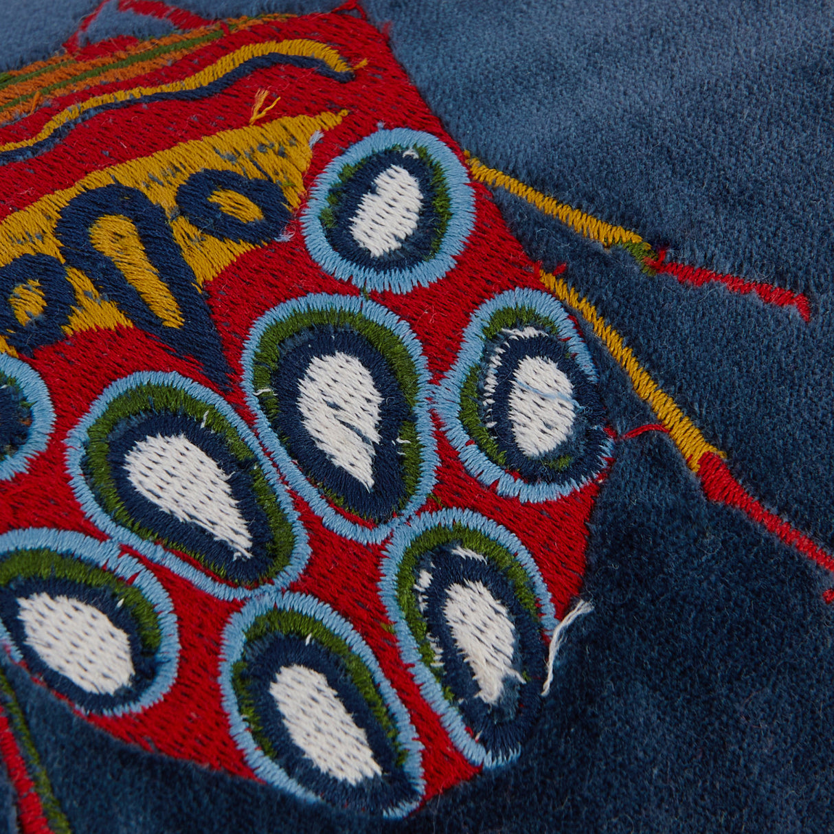 Beetle Pattern Blue Cotton & Velvet Embroidered Lumbar Pillow