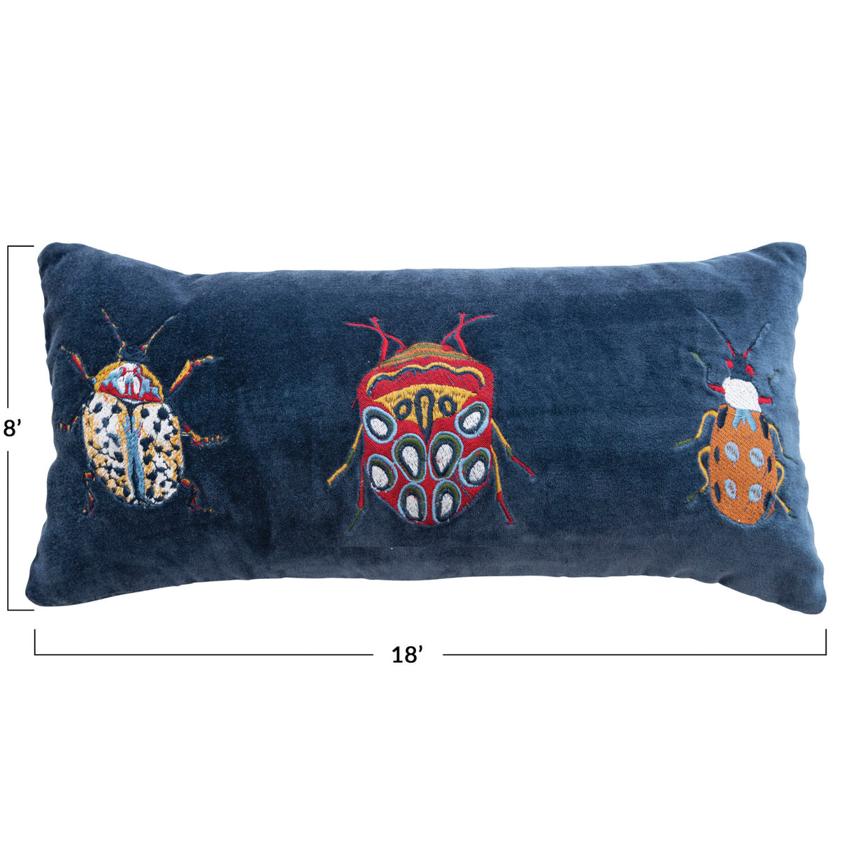 Beetle Pattern Blue Cotton & Velvet Embroidered Lumbar Pillow